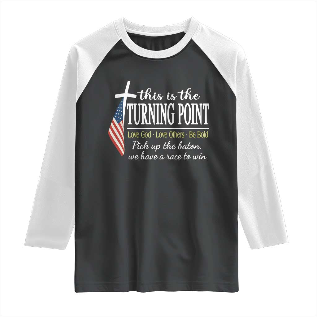 Faith Fueled Turning Point Raglan Shirt Christian Patriot Cross and American Flag - Wonder Print Shop