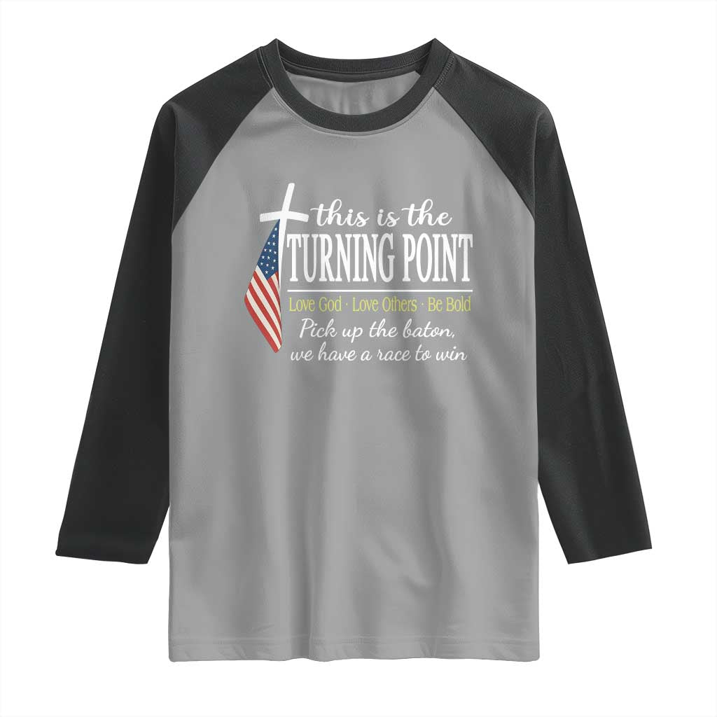 Faith Fueled Turning Point Raglan Shirt Christian Patriot Cross and American Flag - Wonder Print Shop
