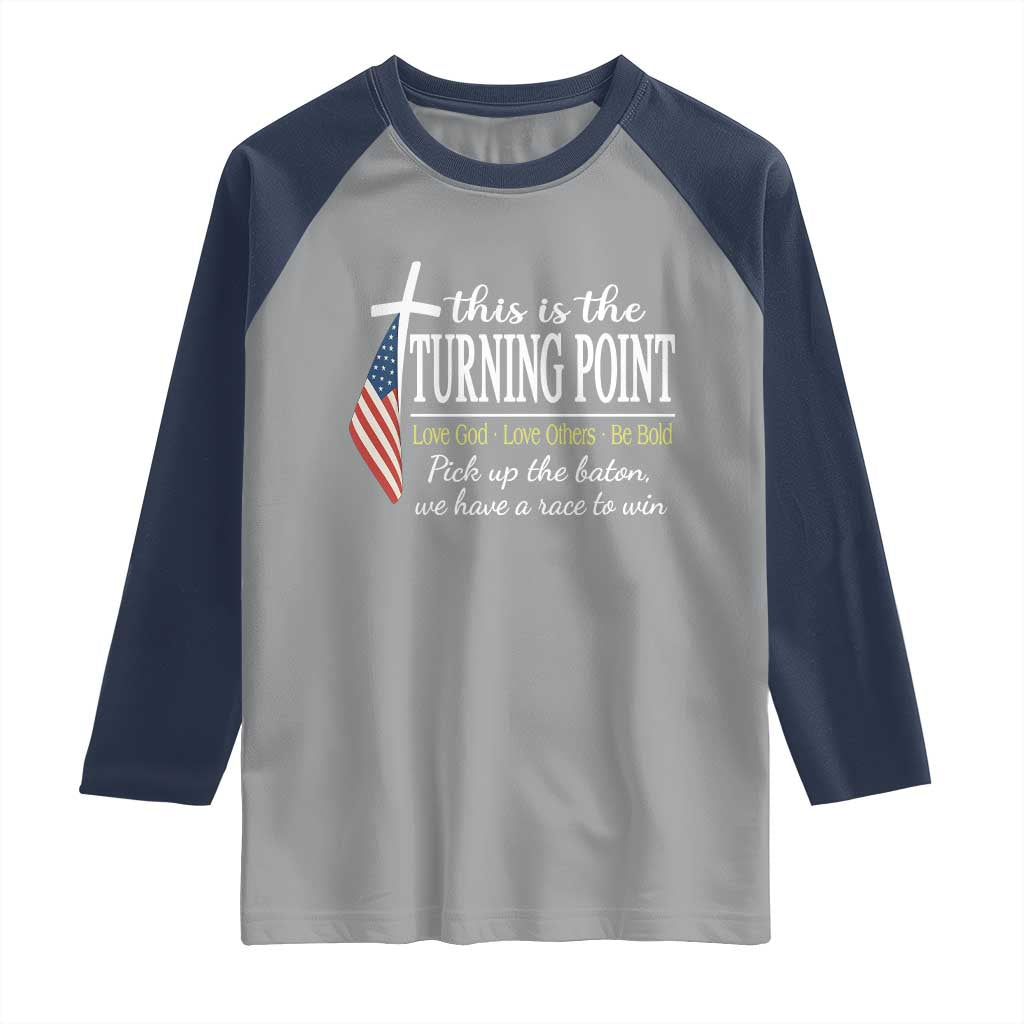 Faith Fueled Turning Point Raglan Shirt Christian Patriot Cross and American Flag - Wonder Print Shop