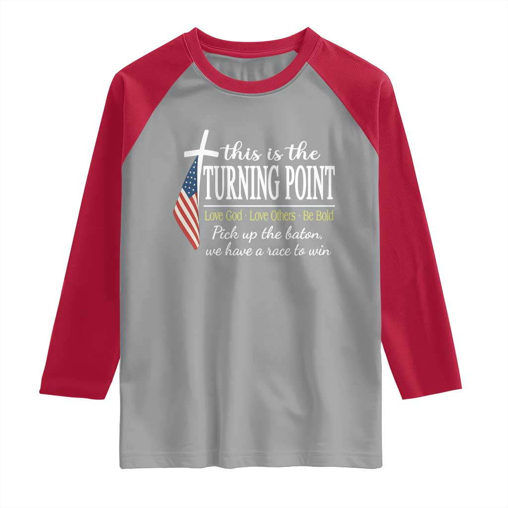 Faith Fueled Turning Point Raglan Shirt Christian Patriot Cross and American Flag - Wonder Print Shop