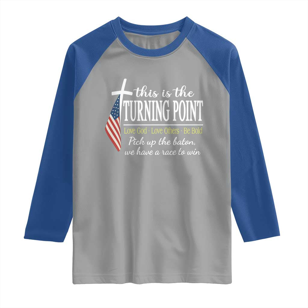 Faith Fueled Turning Point Raglan Shirt Christian Patriot Cross and American Flag - Wonder Print Shop