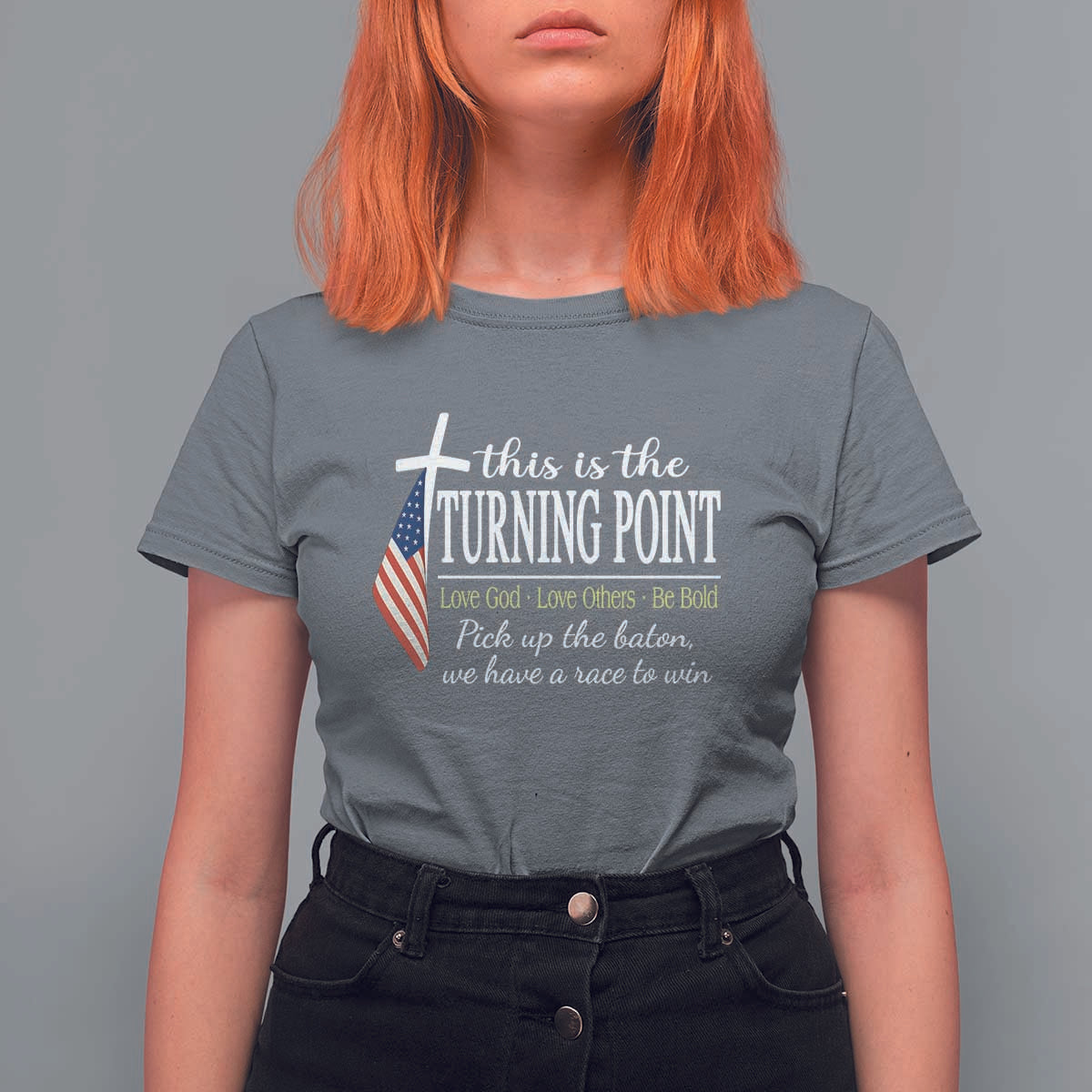 Faith Fueled Turning Point T Shirt For Women Christian Patriot Cross and American Flag - Wonder Print Shop