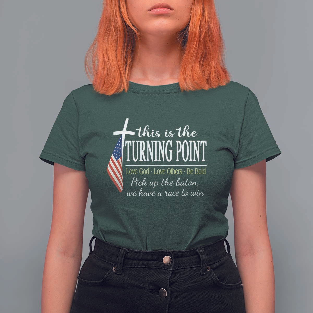 Faith Fueled Turning Point T Shirt For Women Christian Patriot Cross and American Flag - Wonder Print Shop