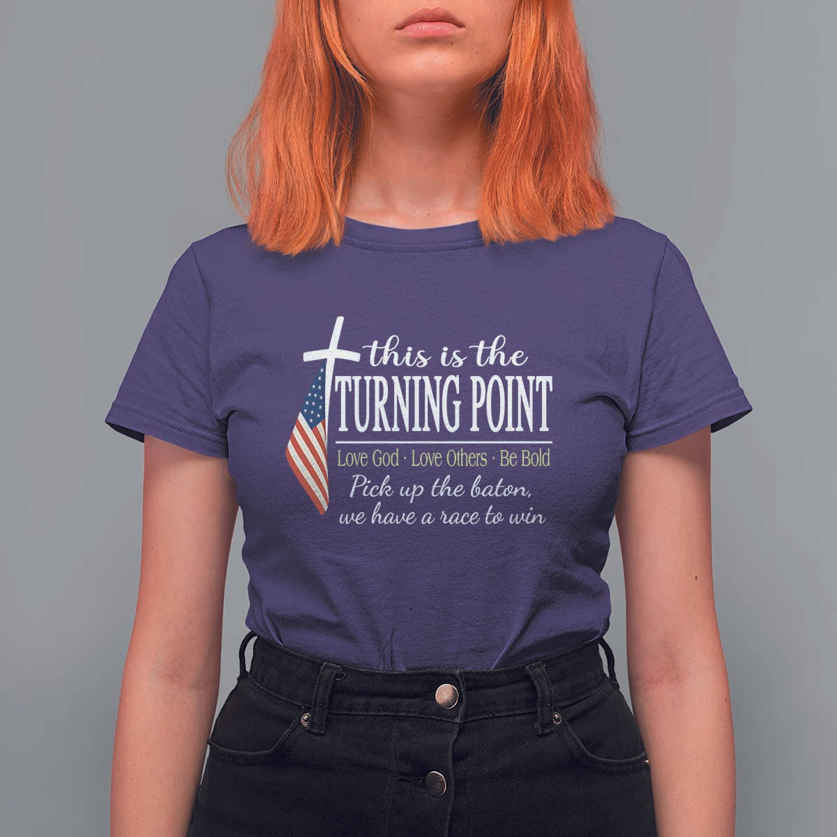Faith Fueled Turning Point T Shirt For Women Christian Patriot Cross and American Flag - Wonder Print Shop