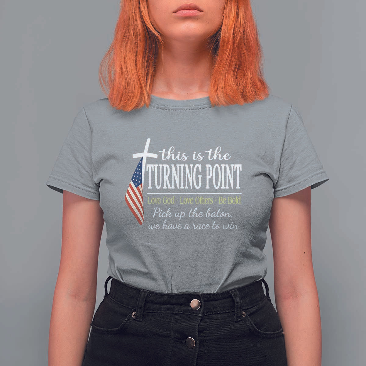 Faith Fueled Turning Point T Shirt For Women Christian Patriot Cross and American Flag - Wonder Print Shop