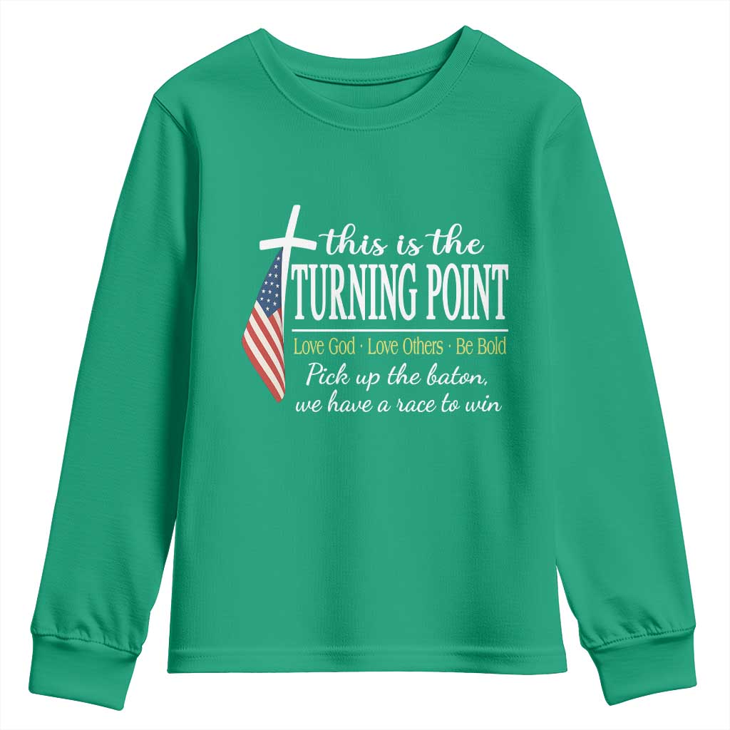 Faith Fueled Turning Point Youth Sweatshirt Christian Patriot Cross and American Flag - Wonder Print Shop