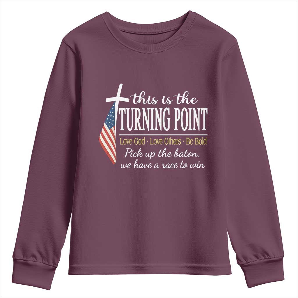 Faith Fueled Turning Point Youth Sweatshirt Christian Patriot Cross and American Flag - Wonder Print Shop