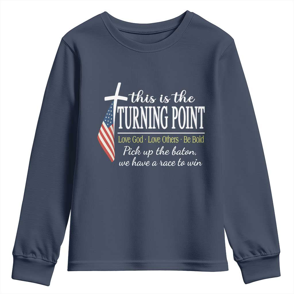 Faith Fueled Turning Point Youth Sweatshirt Christian Patriot Cross and American Flag - Wonder Print Shop