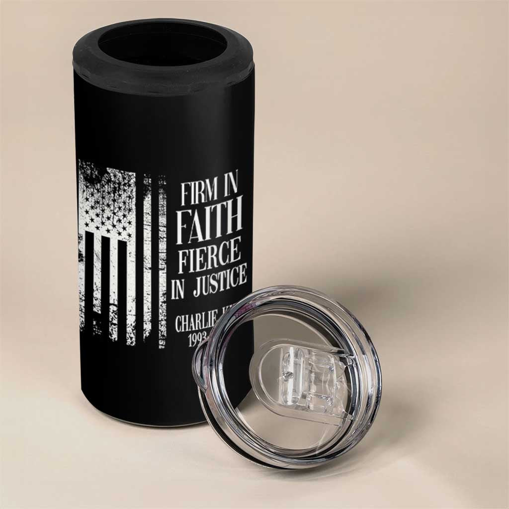 Charlie Kirk Patriotic Memorial 4 in 1 Can Cooler Tumbler Firm in Faith Fierce in Justice American Flag - Wonder Print Shop