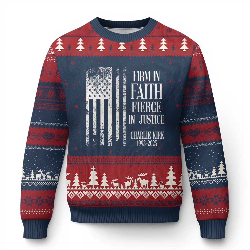 Charlie Kirk Patriotic Memorial Ugly Christmas Sweater Firm in Faith Fierce in Justice American Flag - Wonder Print Shop