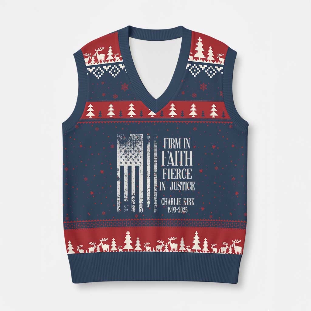 Charlie Kirk Patriotic Memorial V-Neck Knit Sweater Vest Firm in Faith Fierce in Justice American Flag - Wonder Print Shop