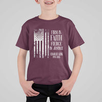 Charlie Kirk Patriotic Memorial T Shirt For Kid Firm in Faith Fierce in Justice American Flag - Wonder Print Shop