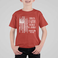 Charlie Kirk Patriotic Memorial T Shirt For Kid Firm in Faith Fierce in Justice American Flag - Wonder Print Shop