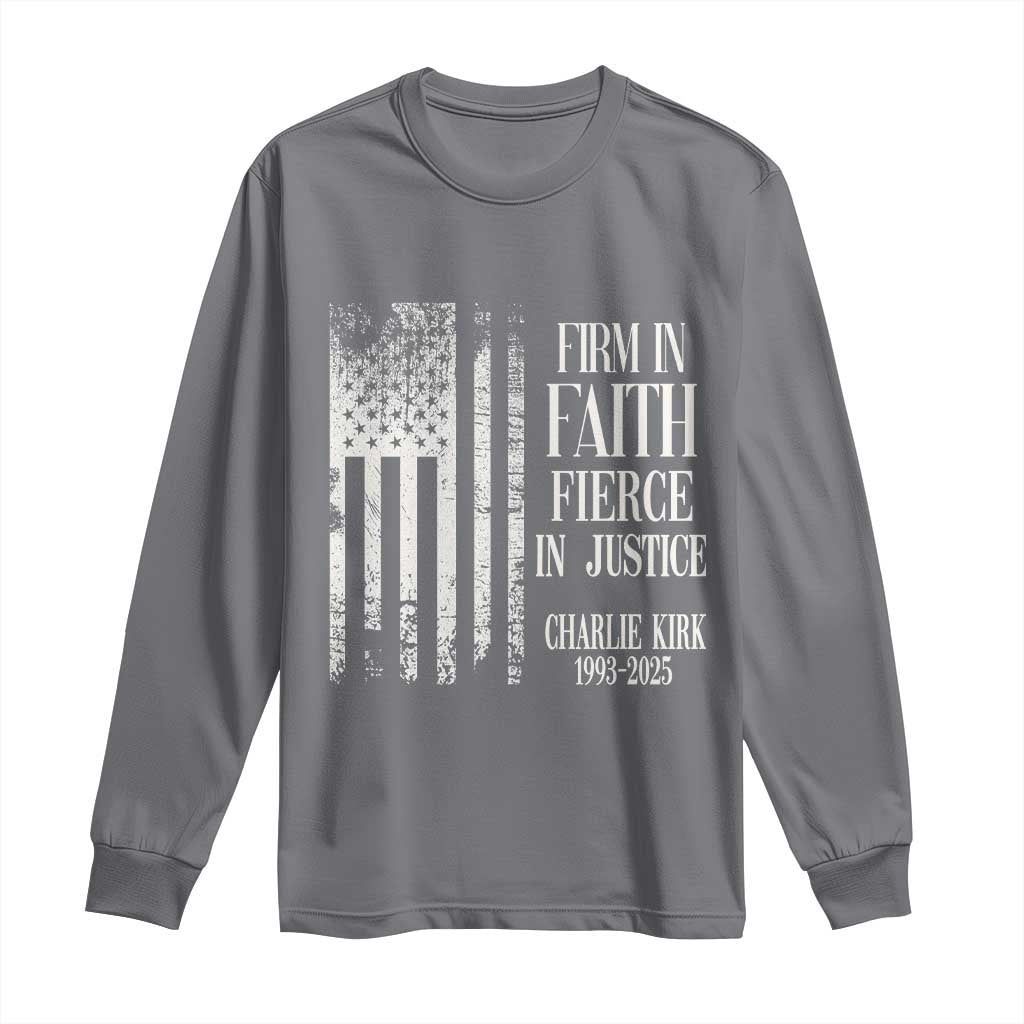 Charlie Kirk Patriotic Memorial Long Sleeve Shirt Firm in Faith Fierce in Justice American Flag - Wonder Print Shop