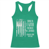 Charlie Kirk Patriotic Memorial Racerback Tank Top Firm in Faith Fierce in Justice American Flag - Wonder Print Shop