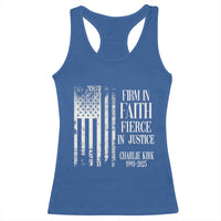Charlie Kirk Patriotic Memorial Racerback Tank Top Firm in Faith Fierce in Justice American Flag - Wonder Print Shop