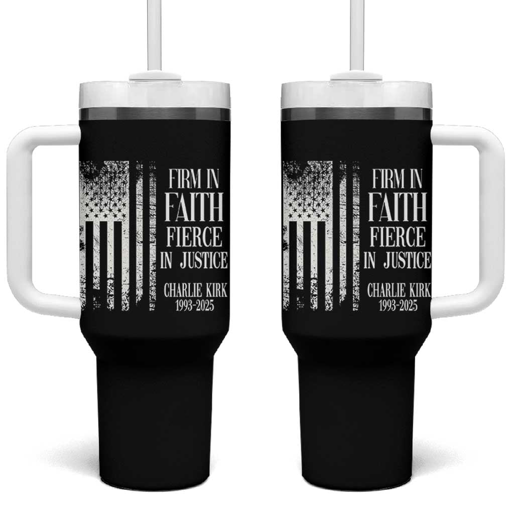 Charlie Kirk Patriotic Memorial Tumbler With Handle Firm in Faith Fierce in Justice American Flag - Wonder Print Shop