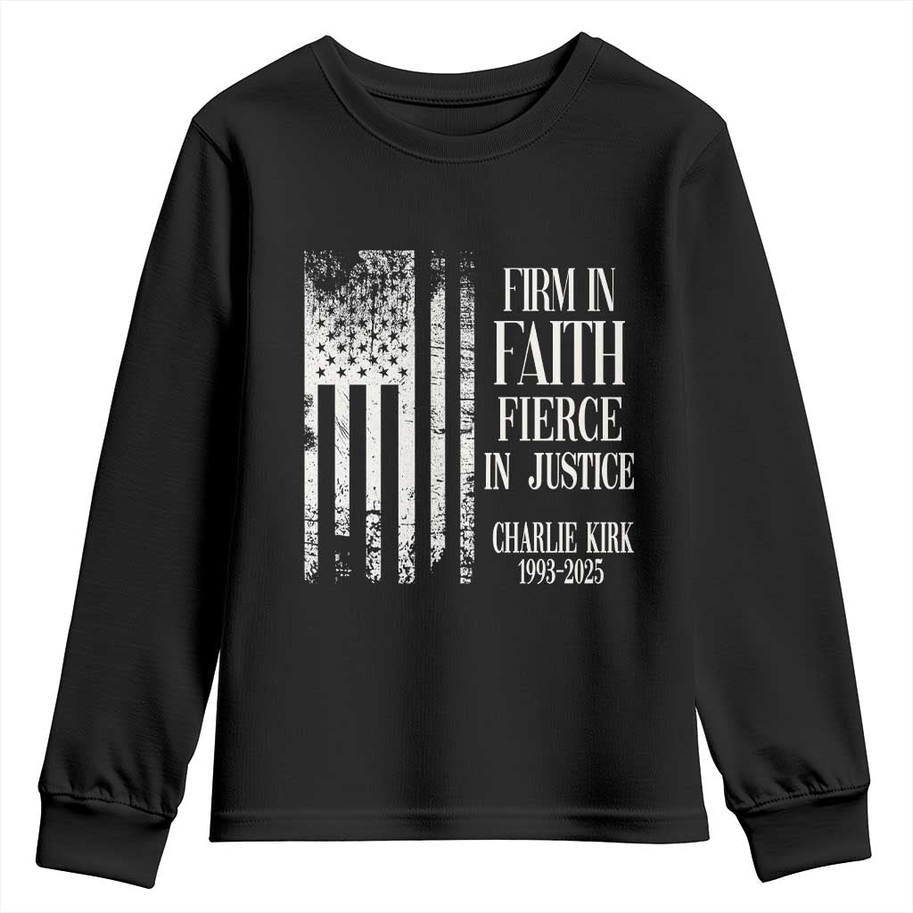 Charlie Kirk Patriotic Memorial Youth Sweatshirt Firm in Faith Fierce in Justice American Flag - Wonder Print Shop