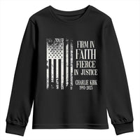 Charlie Kirk Patriotic Memorial Youth Sweatshirt Firm in Faith Fierce in Justice American Flag - Wonder Print Shop