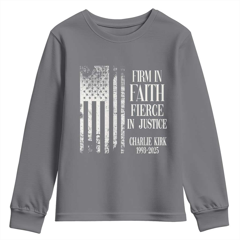 Charlie Kirk Patriotic Memorial Youth Sweatshirt Firm in Faith Fierce in Justice American Flag - Wonder Print Shop