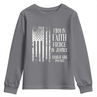 Charlie Kirk Patriotic Memorial Youth Sweatshirt Firm in Faith Fierce in Justice American Flag - Wonder Print Shop