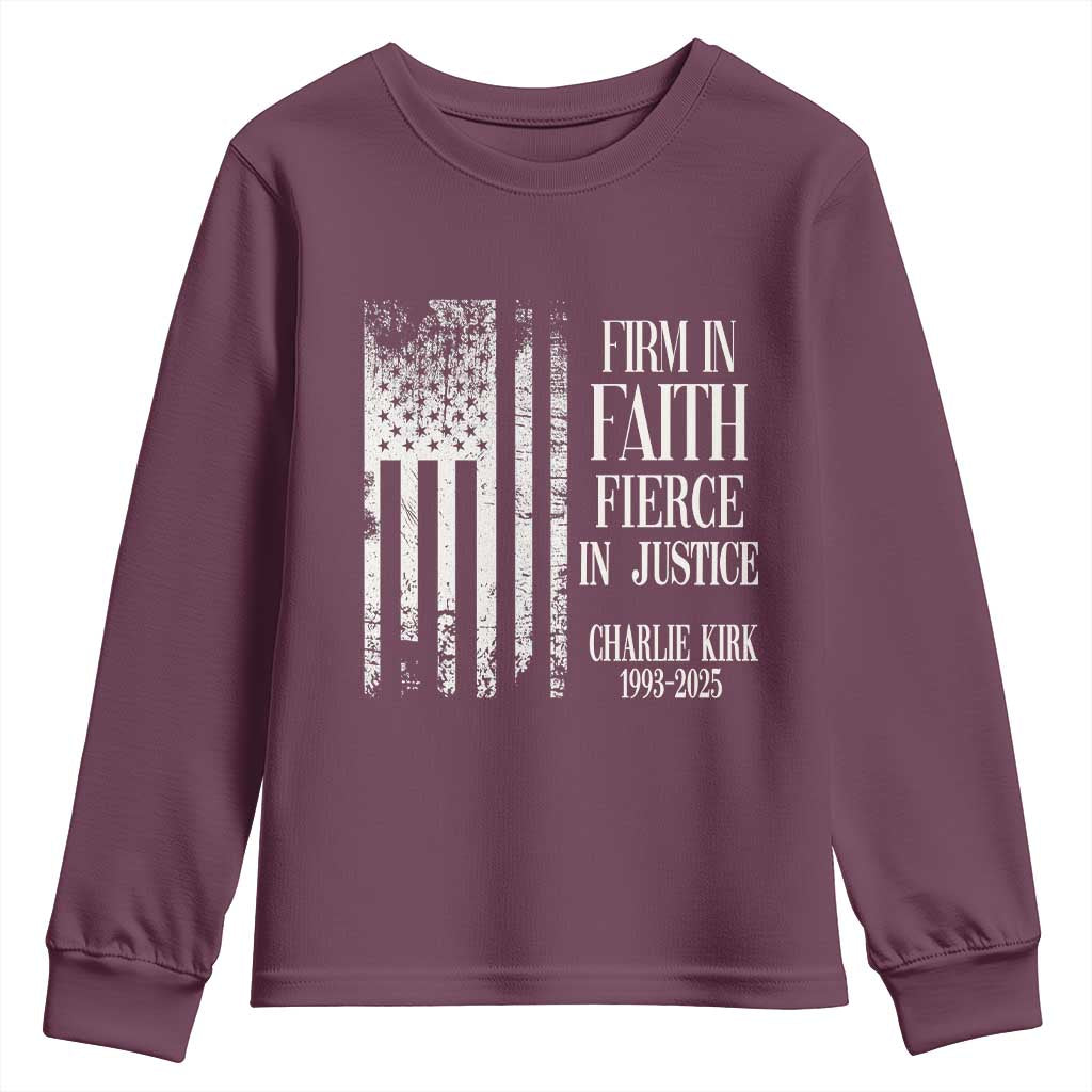 Charlie Kirk Patriotic Memorial Youth Sweatshirt Firm in Faith Fierce in Justice American Flag - Wonder Print Shop