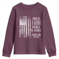 Charlie Kirk Patriotic Memorial Youth Sweatshirt Firm in Faith Fierce in Justice American Flag - Wonder Print Shop