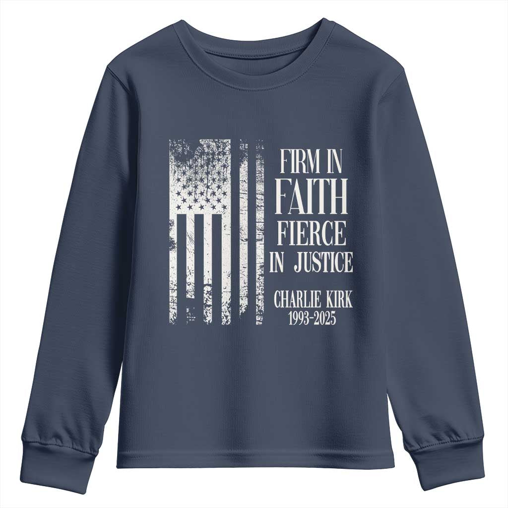 Charlie Kirk Patriotic Memorial Youth Sweatshirt Firm in Faith Fierce in Justice American Flag - Wonder Print Shop