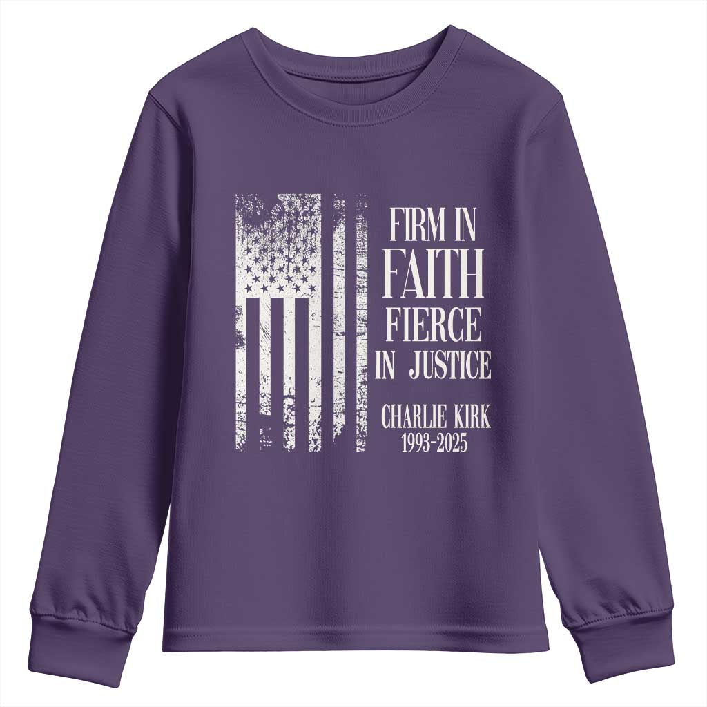 Charlie Kirk Patriotic Memorial Youth Sweatshirt Firm in Faith Fierce in Justice American Flag - Wonder Print Shop