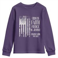 Charlie Kirk Patriotic Memorial Youth Sweatshirt Firm in Faith Fierce in Justice American Flag - Wonder Print Shop