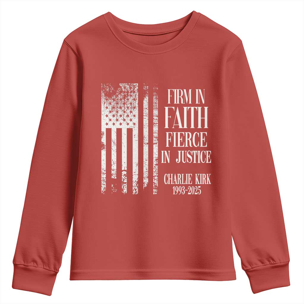 Charlie Kirk Patriotic Memorial Youth Sweatshirt Firm in Faith Fierce in Justice American Flag - Wonder Print Shop