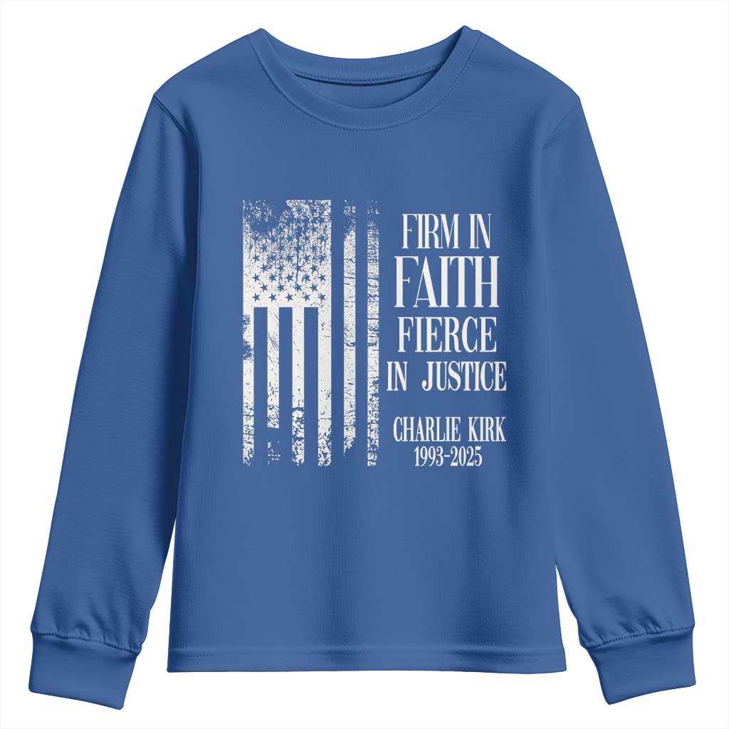 Charlie Kirk Patriotic Memorial Youth Sweatshirt Firm in Faith Fierce in Justice American Flag - Wonder Print Shop