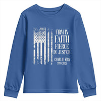 Charlie Kirk Patriotic Memorial Youth Sweatshirt Firm in Faith Fierce in Justice American Flag - Wonder Print Shop
