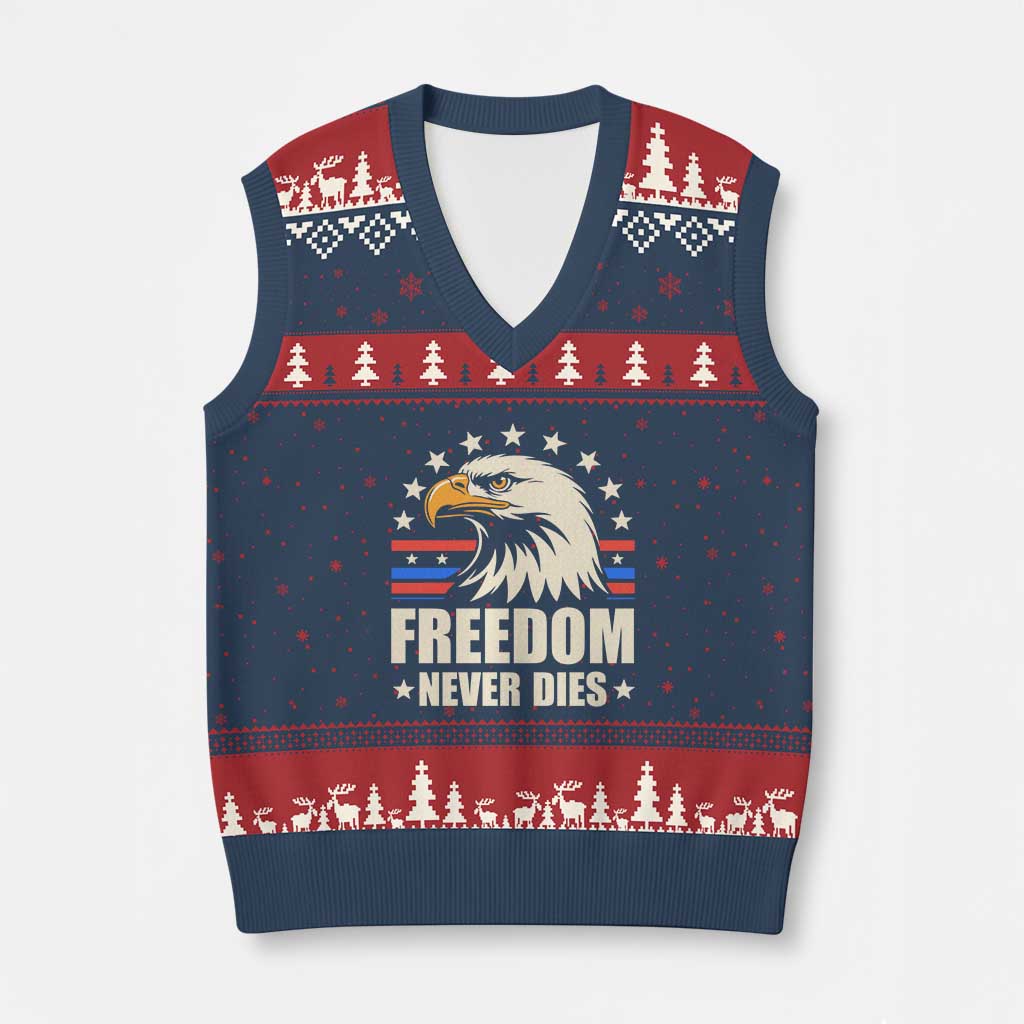 Freedom Never Dies V-Neck Knit Sweater Vest Bold Patriotic Eagle Graphic for True American Patriots - Wonder Print Shop