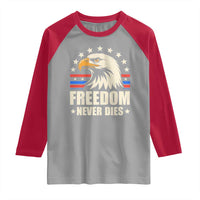 Freedom Never Dies Raglan Shirt Bold Patriotic Eagle Graphic for True American Patriots - Wonder Print Shop