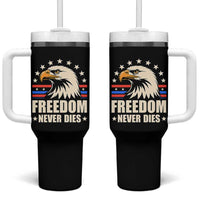 Freedom Never Dies Tumbler With Handle Bold Patriotic Eagle Graphic for True American Patriots - Wonder Print Shop