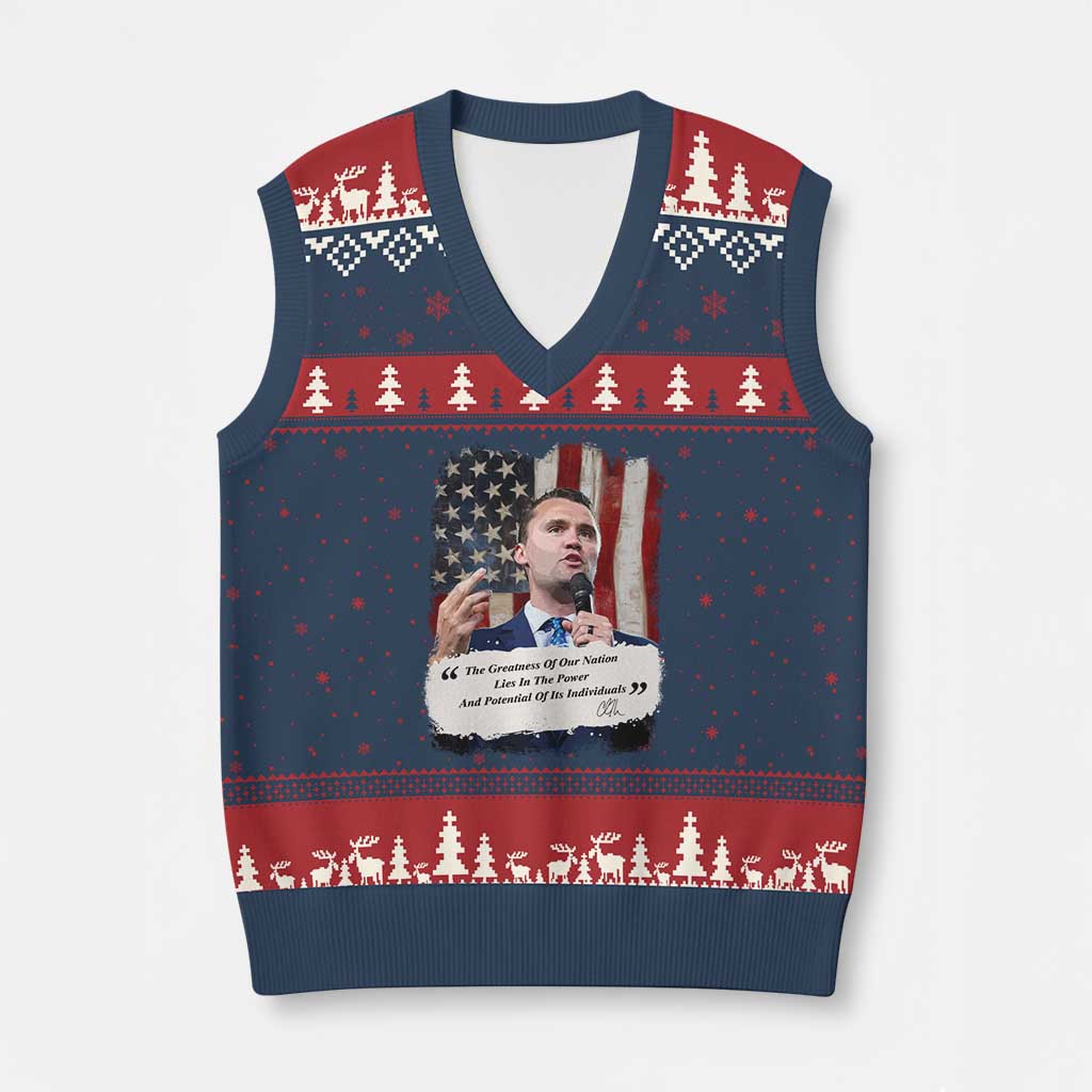 Patriotic Charlie Kirk Legacy V-Neck Knit Sweater Vest The Greatness of America Power of the People - Wonder Print Shop