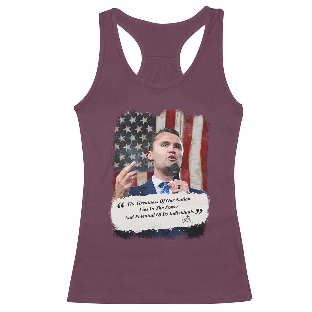 Patriotic Charlie Kirk Legacy Racerback Tank Top The Greatness of America Power of the People - Wonder Print Shop