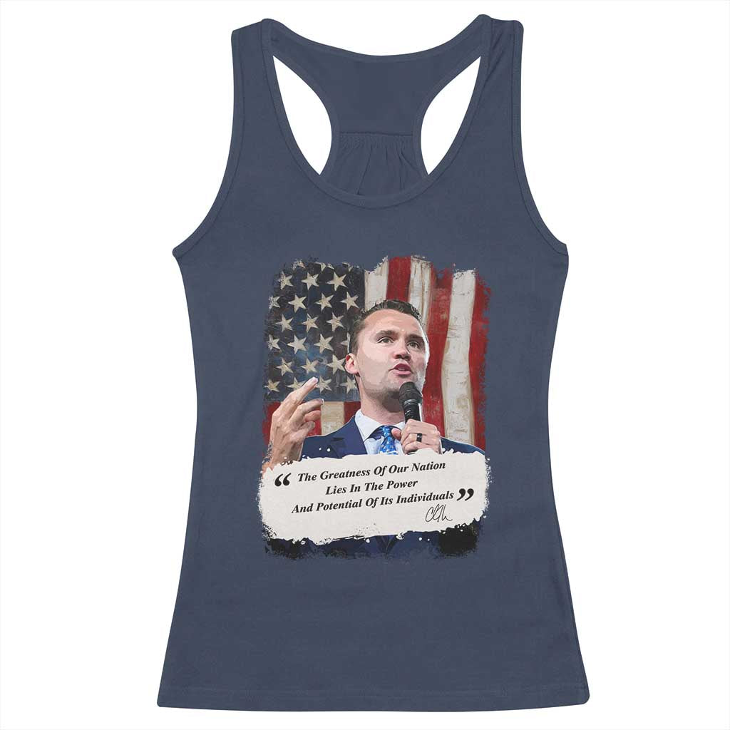 Patriotic Charlie Kirk Legacy Racerback Tank Top The Greatness of America Power of the People - Wonder Print Shop