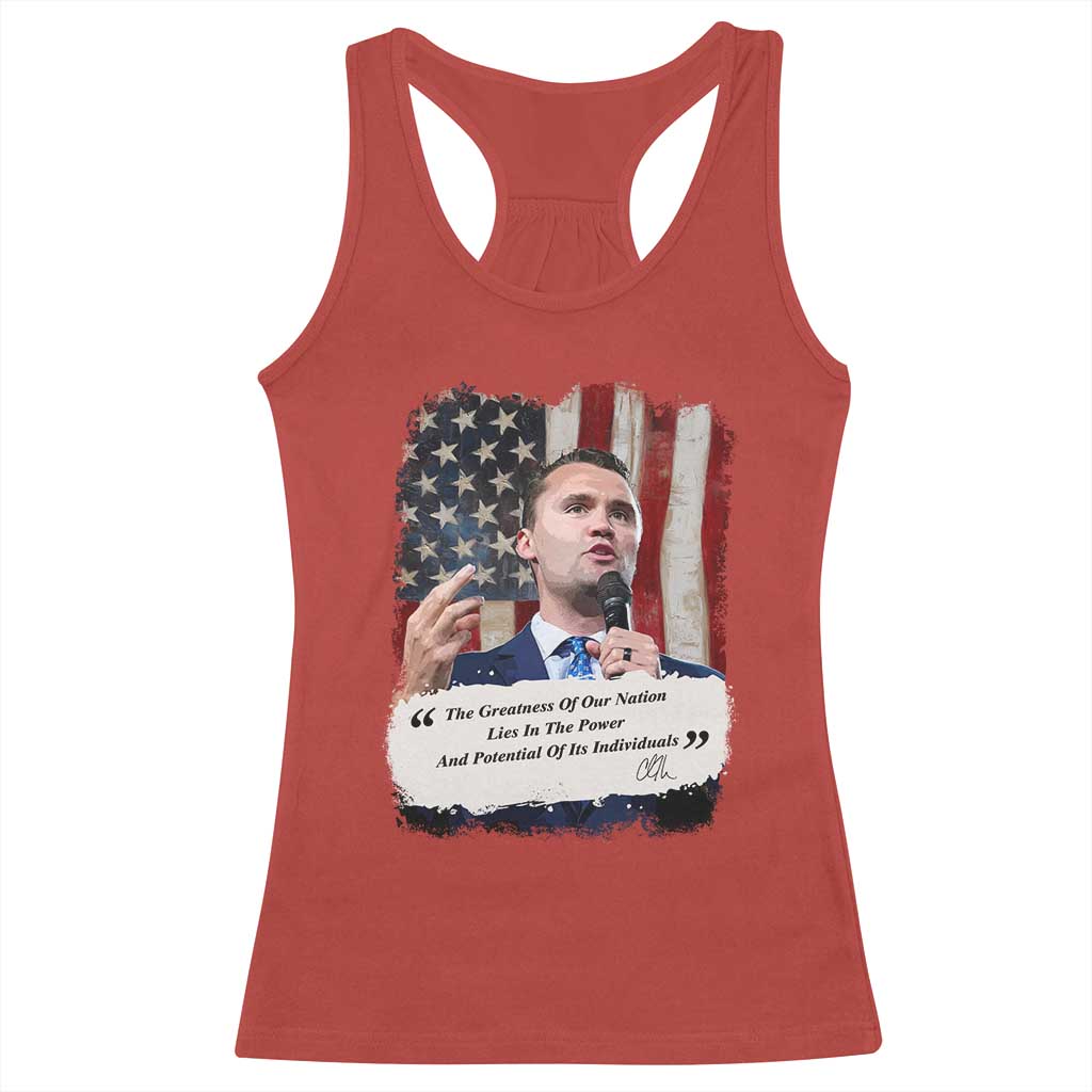 Patriotic Charlie Kirk Legacy Racerback Tank Top The Greatness of America Power of the People - Wonder Print Shop