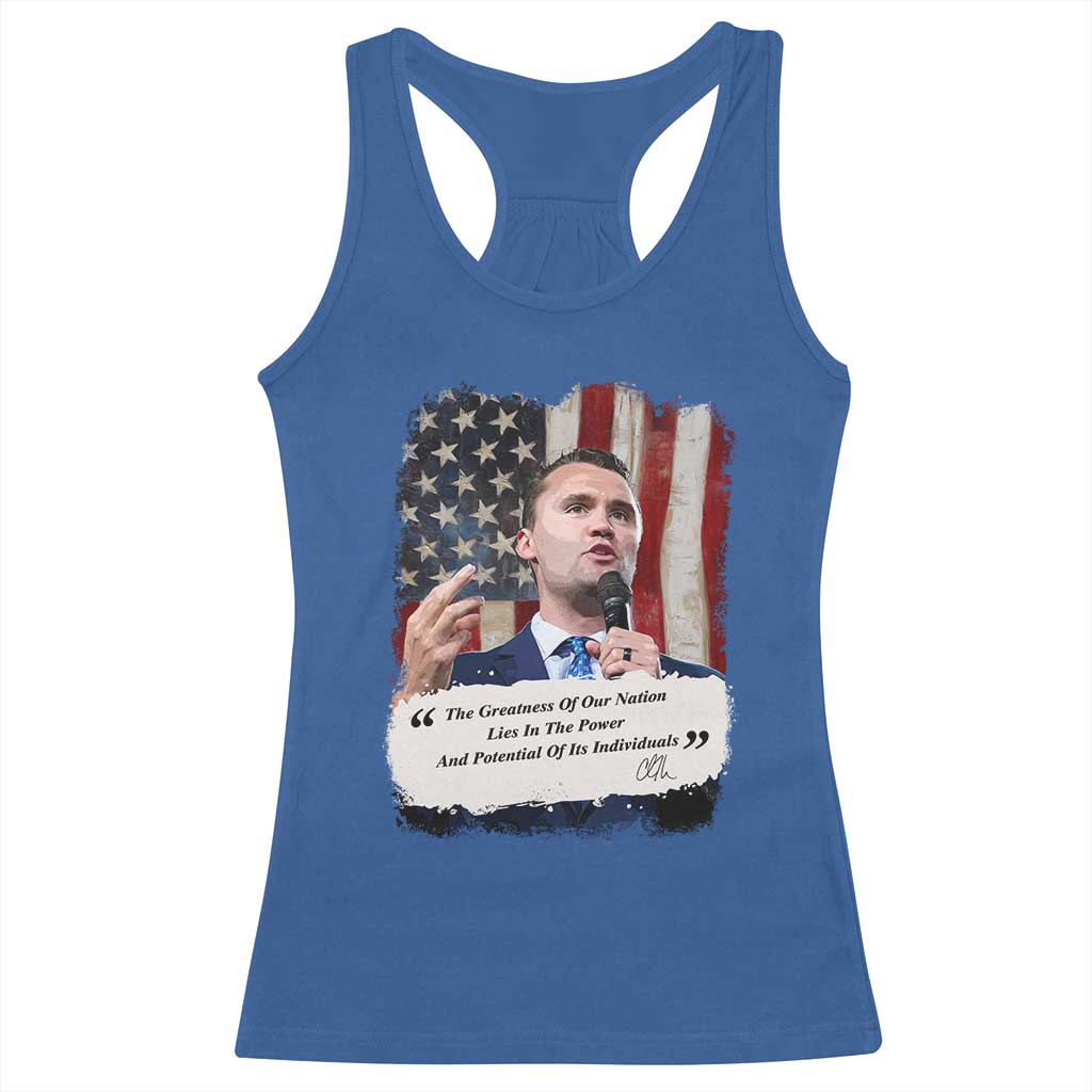 Patriotic Charlie Kirk Legacy Racerback Tank Top The Greatness of America Power of the People - Wonder Print Shop