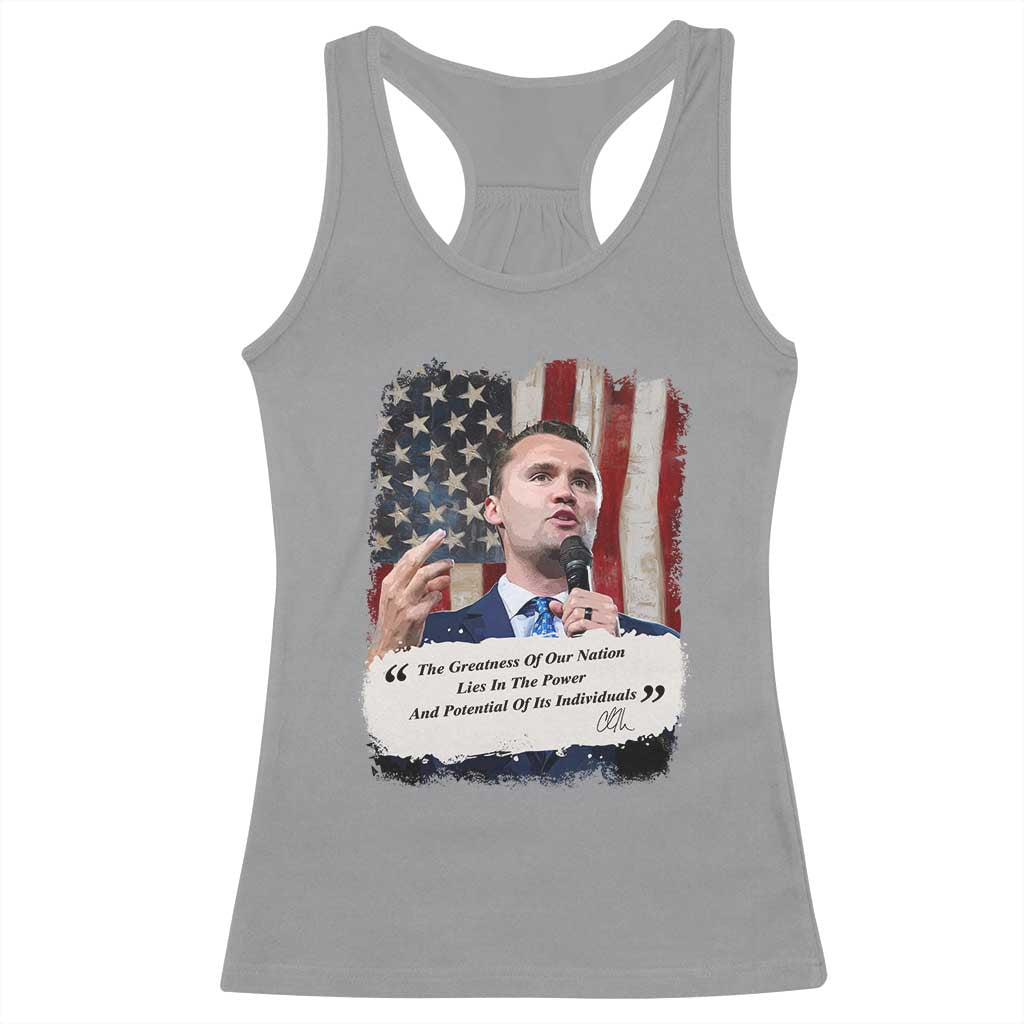 Patriotic Charlie Kirk Legacy Racerback Tank Top The Greatness of America Power of the People - Wonder Print Shop