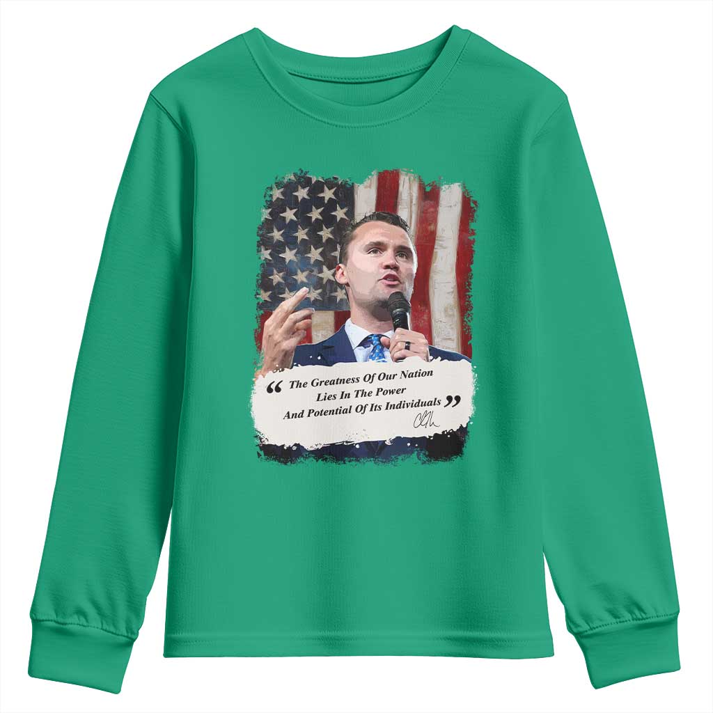 Patriotic Charlie Kirk Legacy Youth Sweatshirt The Greatness of America Power of the People - Wonder Print Shop