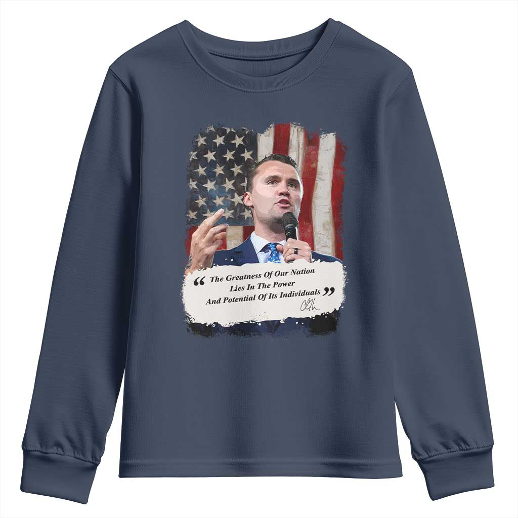 Patriotic Charlie Kirk Legacy Youth Sweatshirt The Greatness of America Power of the People - Wonder Print Shop