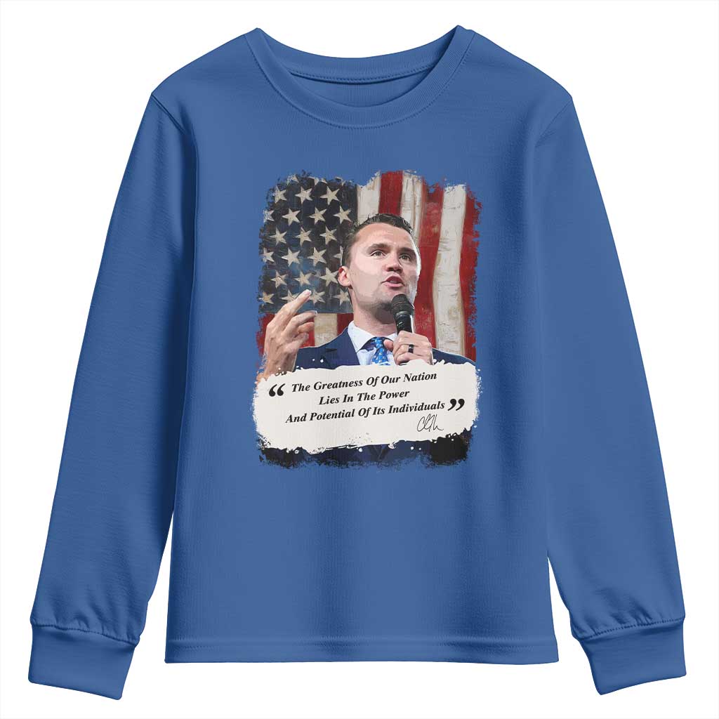 Patriotic Charlie Kirk Legacy Youth Sweatshirt The Greatness of America Power of the People - Wonder Print Shop