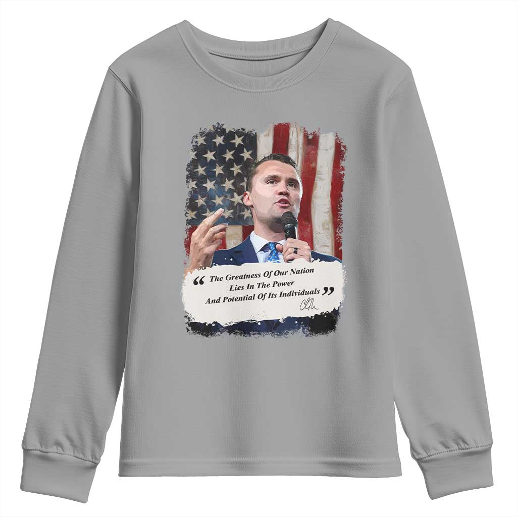 Patriotic Charlie Kirk Legacy Youth Sweatshirt The Greatness of America Power of the People - Wonder Print Shop