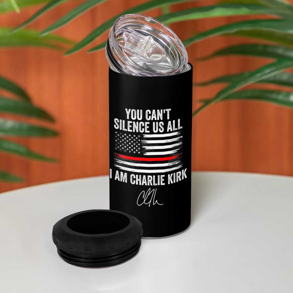 I Am Charlie Kirk 4 in 1 Can Cooler Tumbler You Can’t Silence Us All Patriotic American Flag - Wonder Print Shop
