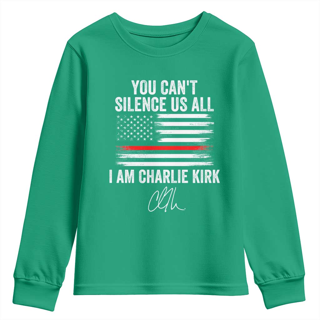 I Am Charlie Kirk Youth Sweatshirt You Can’t Silence Us All Patriotic American Flag - Wonder Print Shop