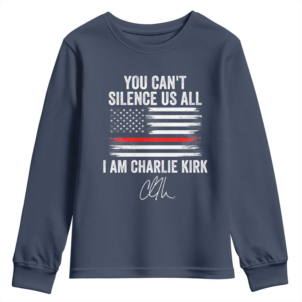 I Am Charlie Kirk Youth Sweatshirt You Can’t Silence Us All Patriotic American Flag - Wonder Print Shop