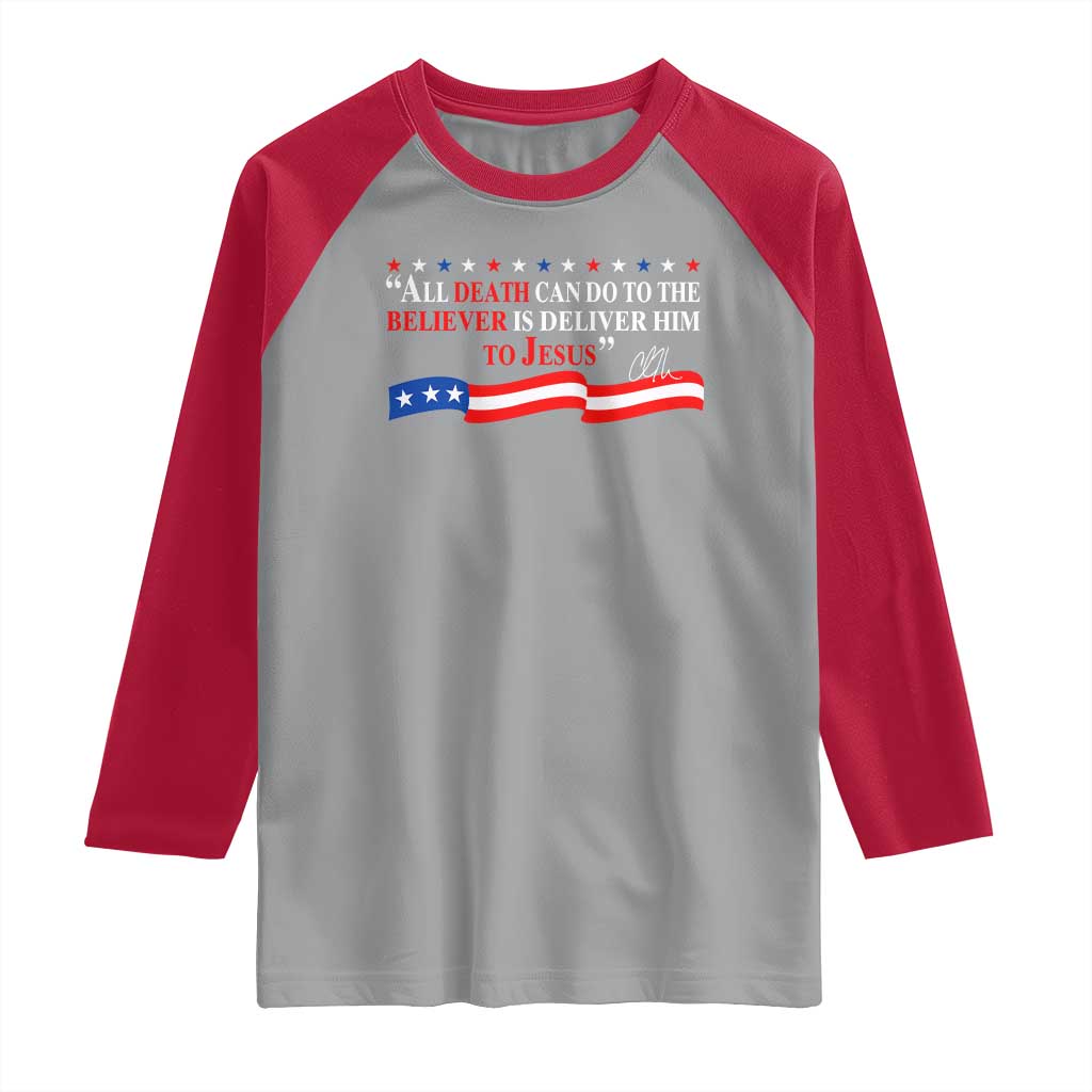 Patriotic Christian Faith Raglan Shirt All Death Can Do Is Deliver Him to Jesus - Wonder Print Shop